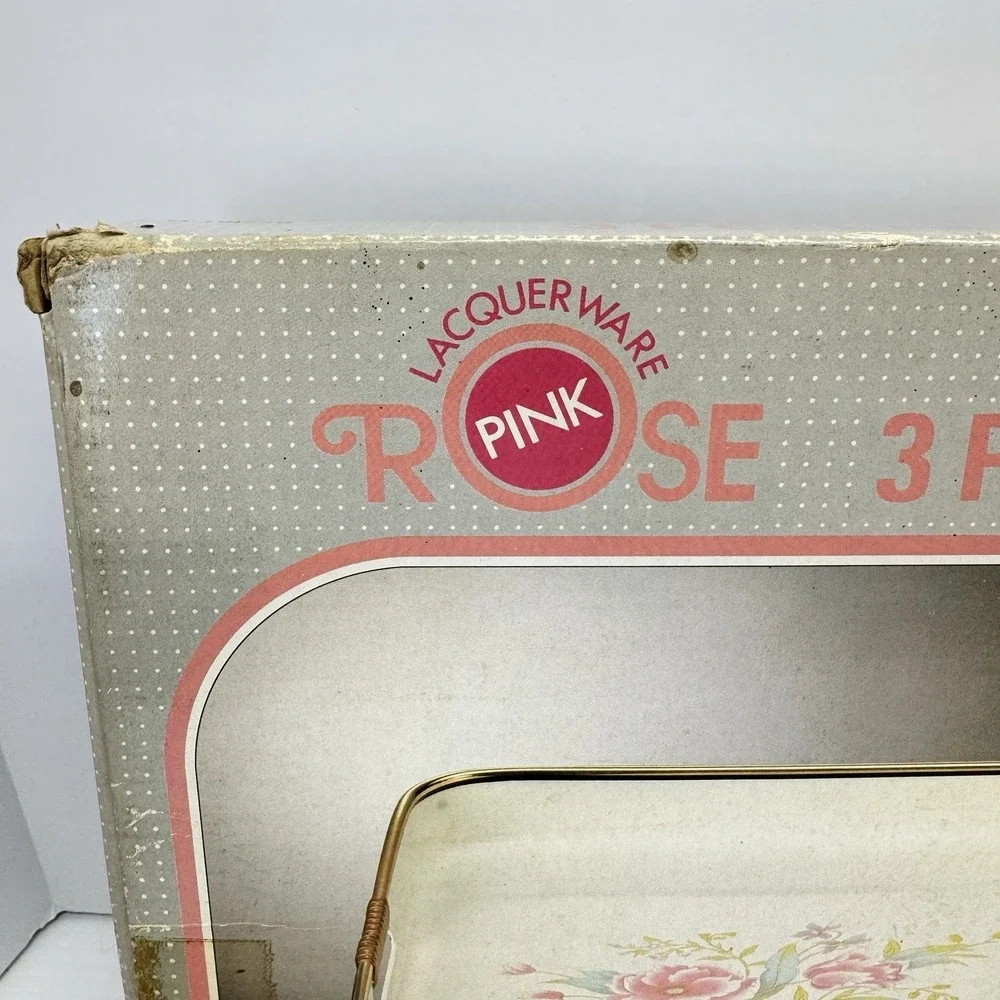 Vintage Lacquerware 3 Piece Tray Set Rose NOS Sealed In Box Jay Imports Japan
